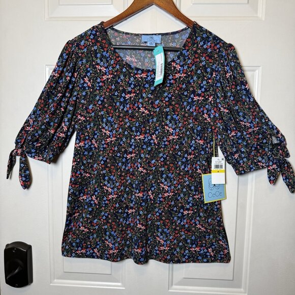 CeCe Floral Roman Tie Short Sleeve Knit Top Sz M NWT - Picture 1 of 12